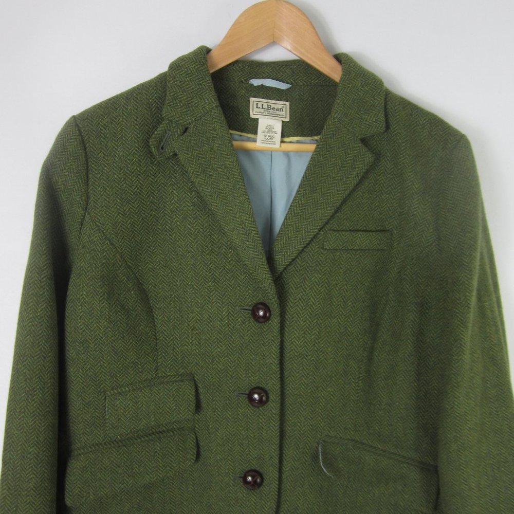 Vintage L.L. Bean Womens 12 Green Herringbone Wool LS Blazer Jacket M Equestrian - Picture 9 of 10